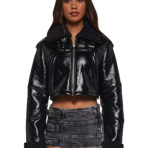 Womens Vegan Leather Jacket With Fur Trim Cropped Jacket Current Mood - Black
