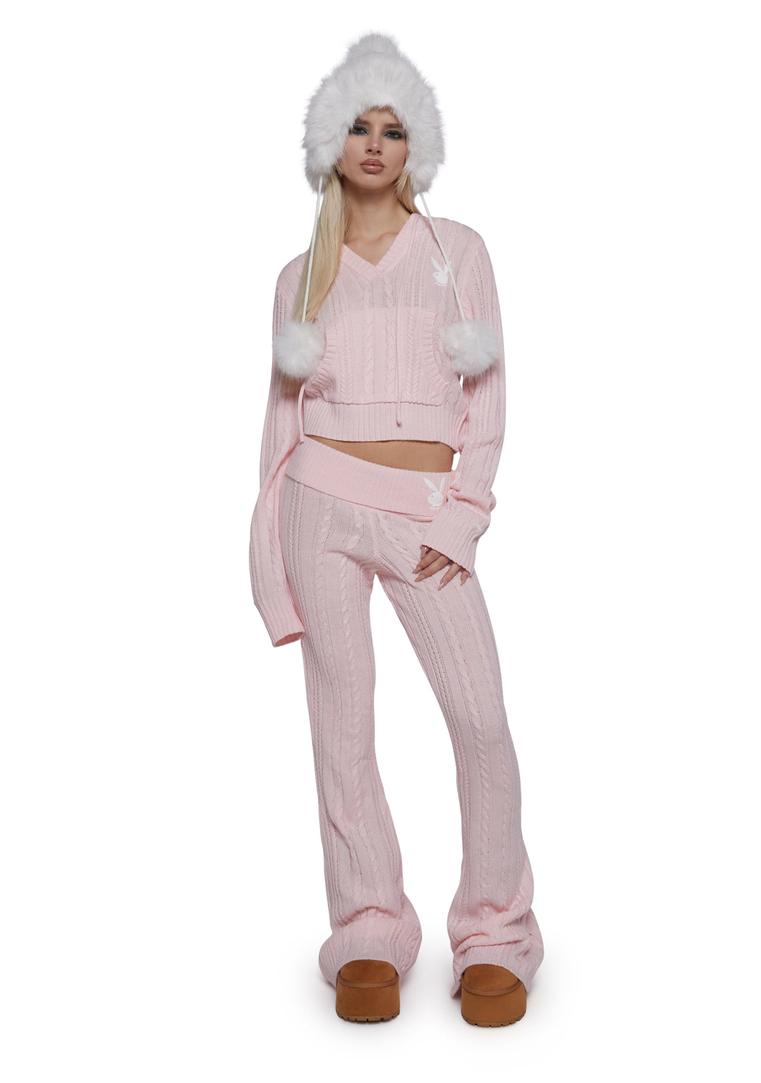 Playboy by Dolls Kill Cable Knit Flared Yoga Pants - Pink - Image 2