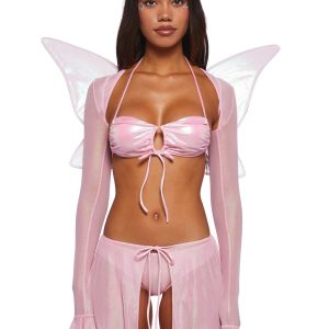 Womens Sexy Halloween Fairy Costume Lingerie Set Fairy Tales Wings Costume - Pink