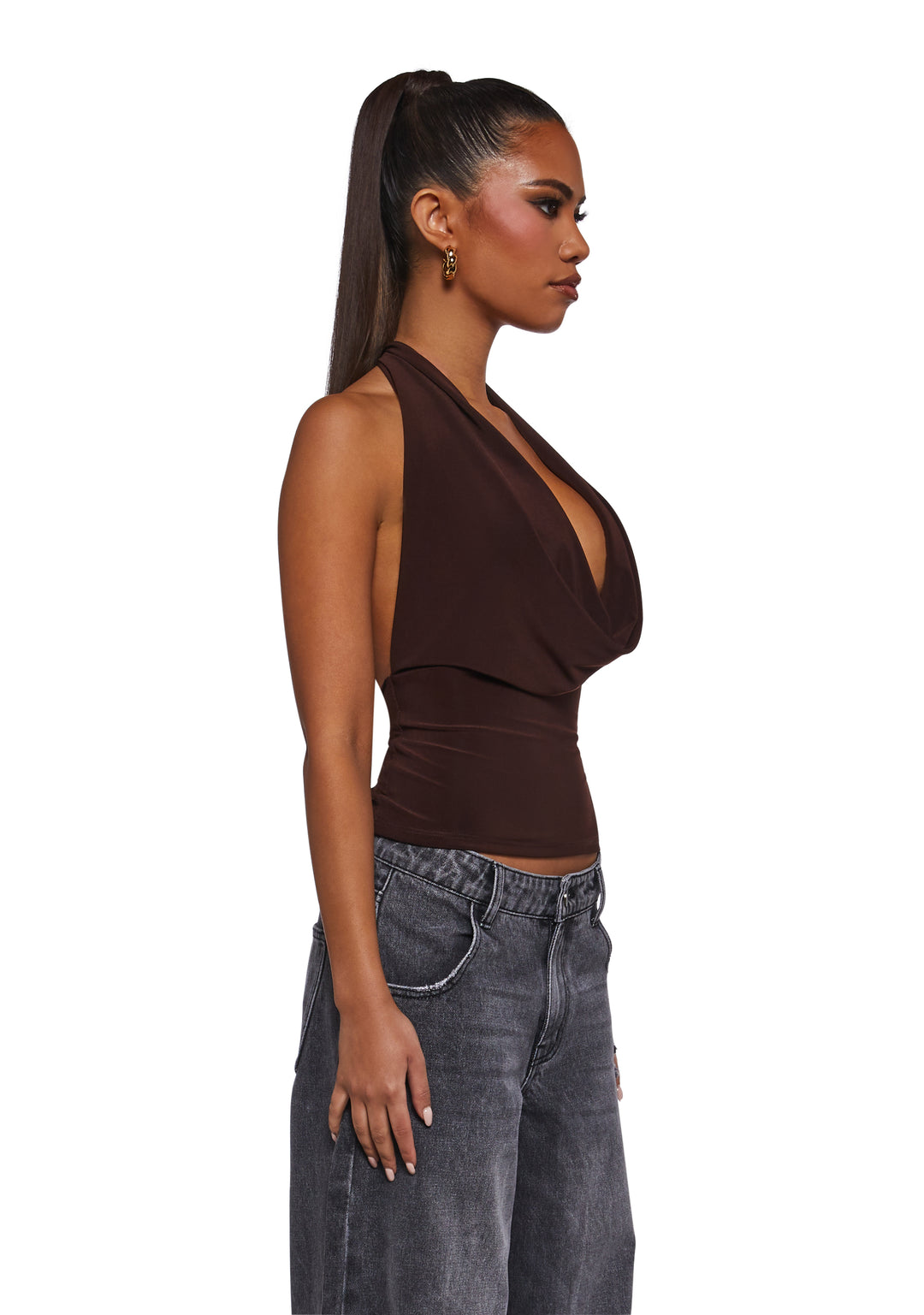 Womens Cowl Neck Top - Brown - Image 3