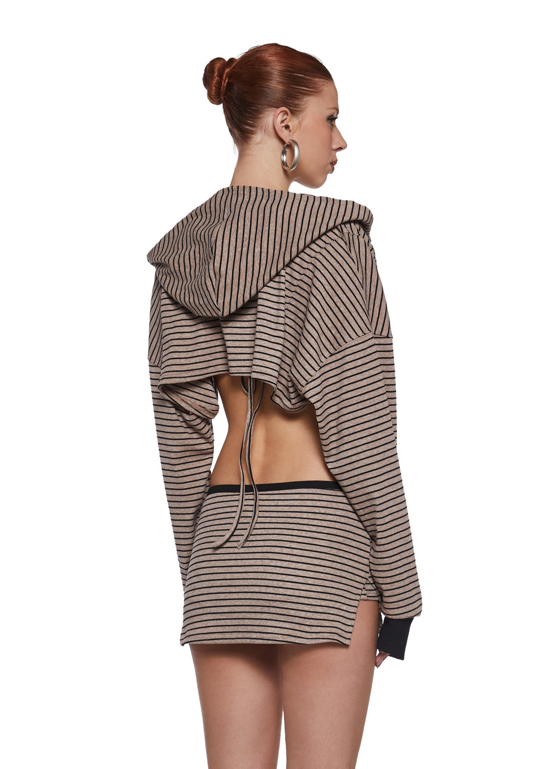 Womens Sexy Striped Bralette Skirt And Hoodie - Brown - Image 4
