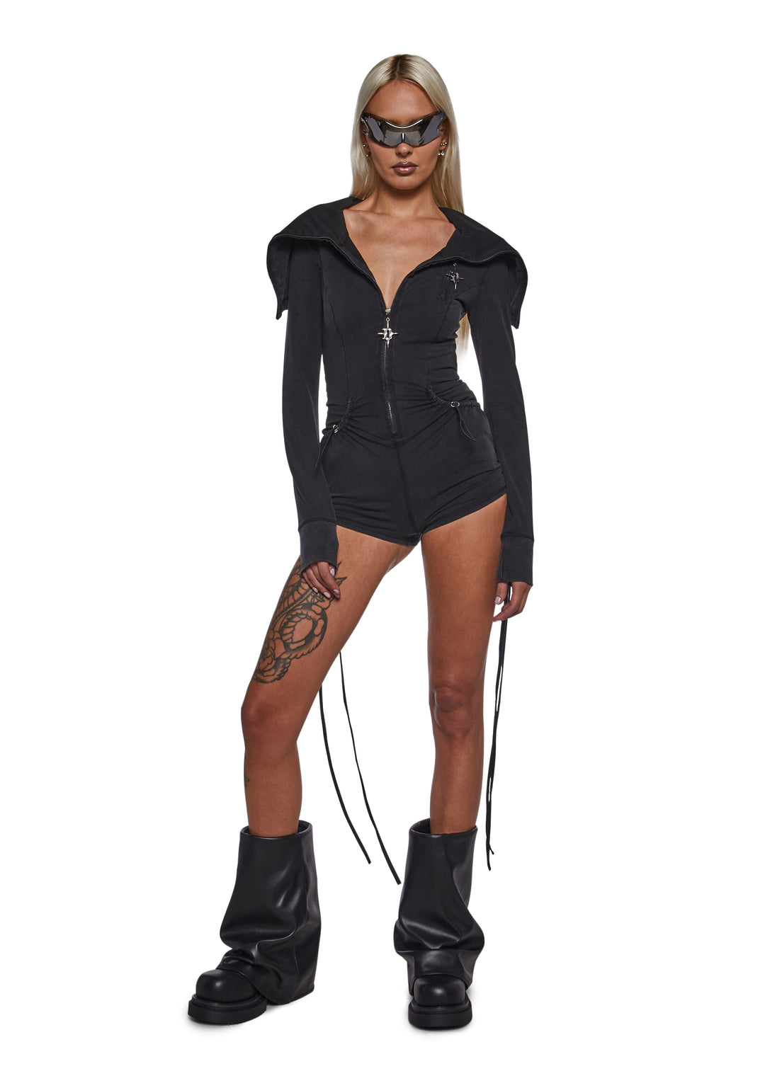 Darker Wavs Cotton Jersey Knit Romper With Ruching And Zippers - Black - Image 2