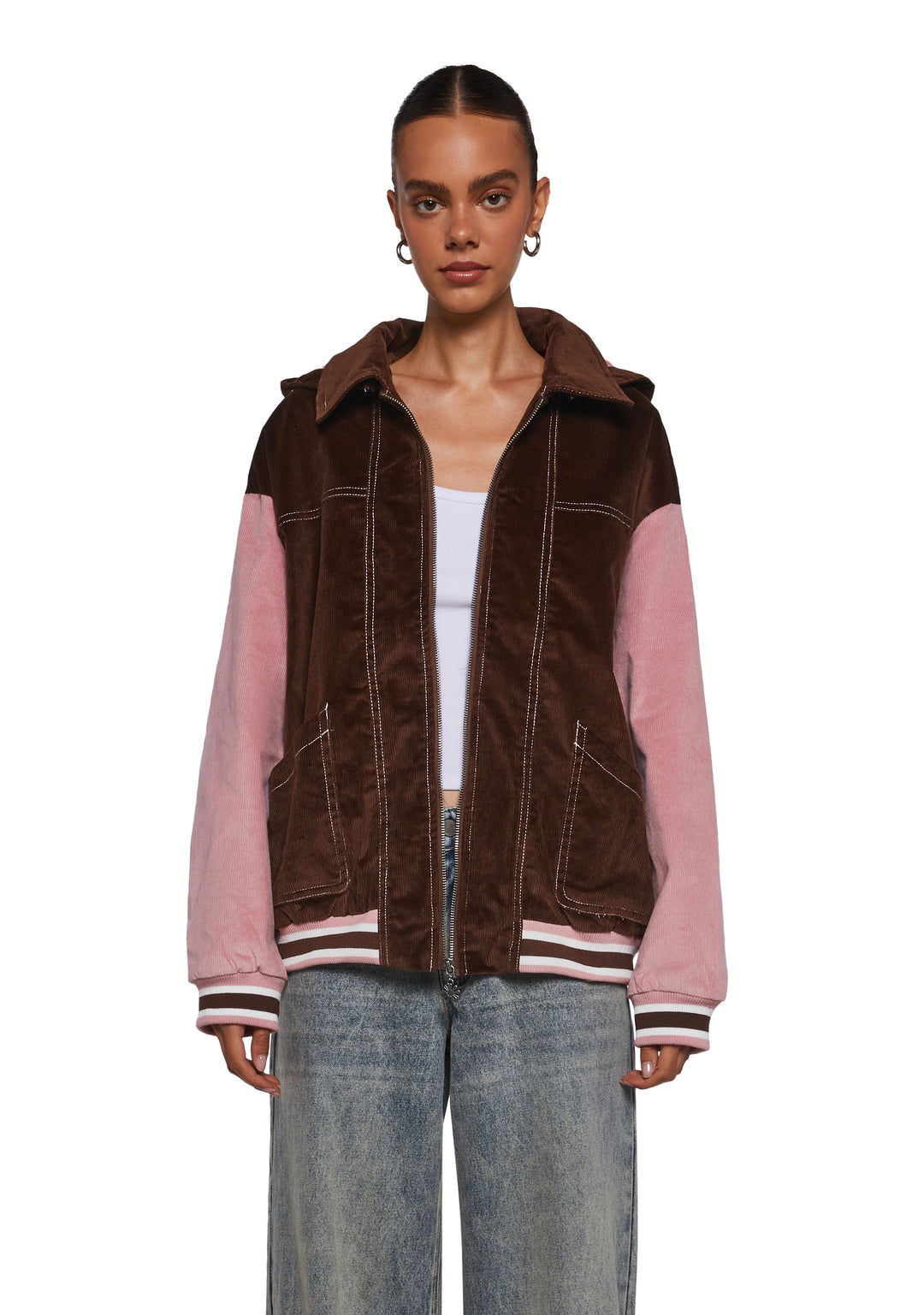 Corduroy Paneled Striped Hooded Zip-Up Jacket Delia's - Brown - Image 6