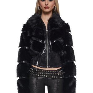 Womens Vegan Leather Faux Fur Jacket Generation Kiss - Black