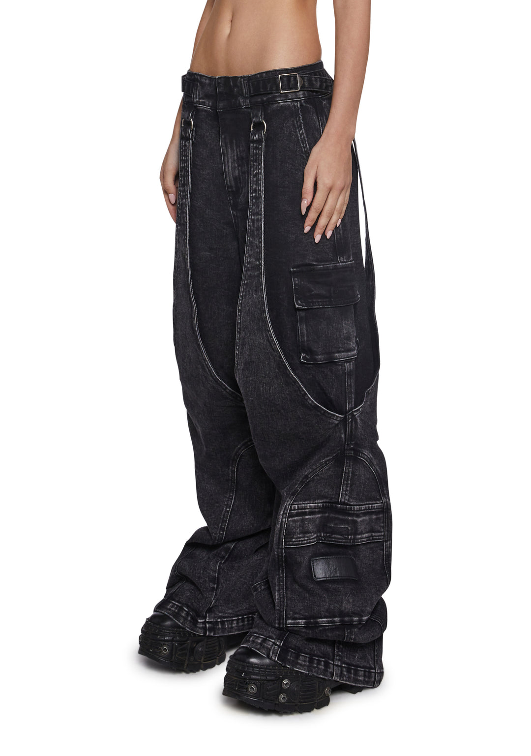 Womens Denim Wide Leg Pants Y2K Darker Wavs - Black - Image 5