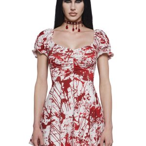 Sexy Womens Spooky Halloween Blood Spatter Mini Dress - White