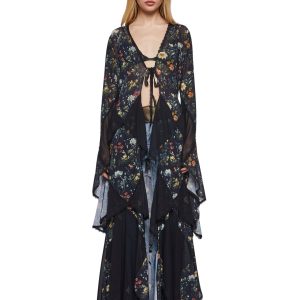 Womens Floral Print Mesh Godet Duster Current Mood - Multi