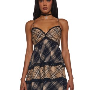 Womens Sexy Plaid Babydoll Dress Current Mood - Brown