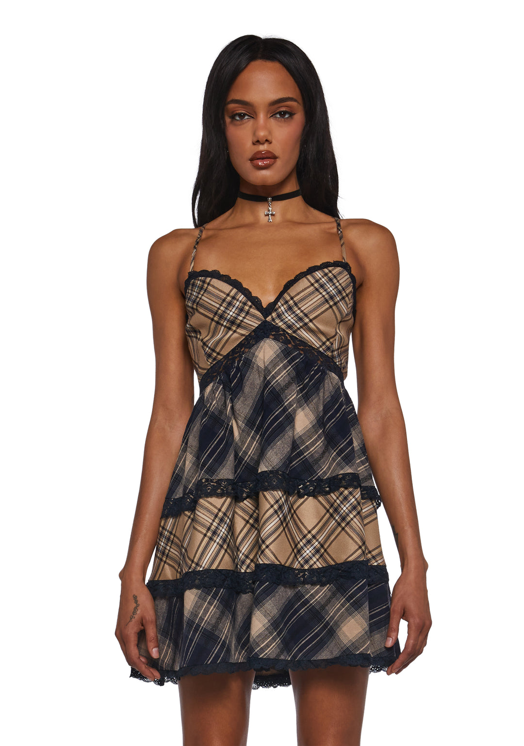 Womens Sexy Plaid Babydoll Dress Current Mood - Brown