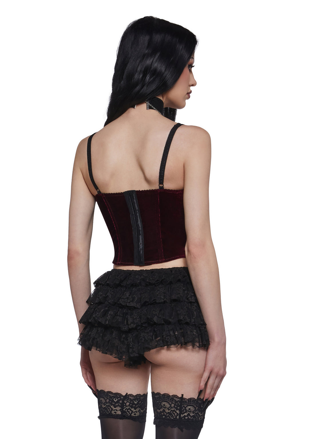 Widow Vampire Goth Crushed Velvet Rosette Bows Corset Top - Red - Image 4