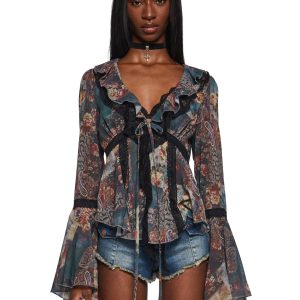 Womens Patchwork Bell Sleeve Blouse Current Mood - Multi