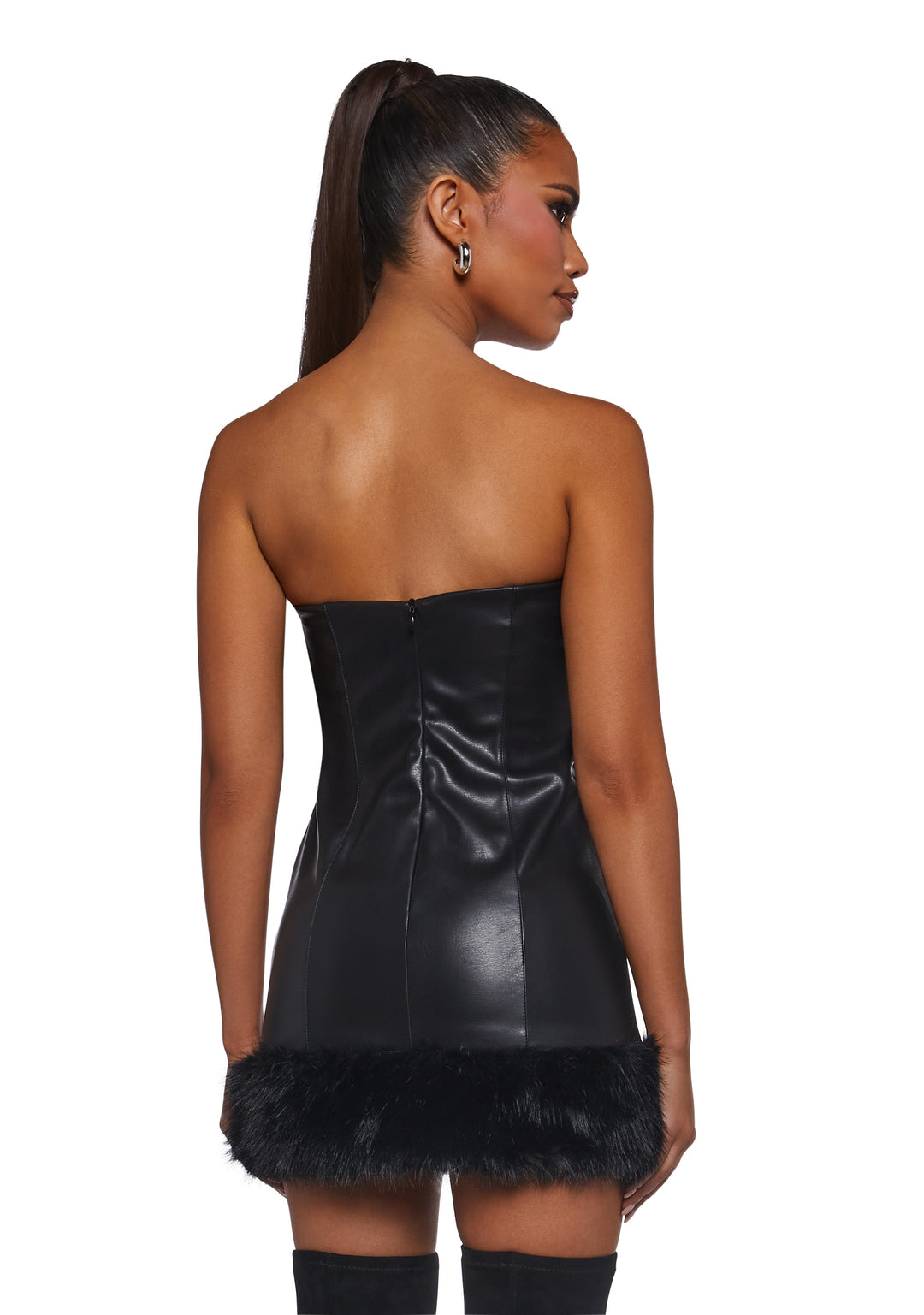 Womens Vegan Leather Mini Dress With Faux Fur - Black - Image 4