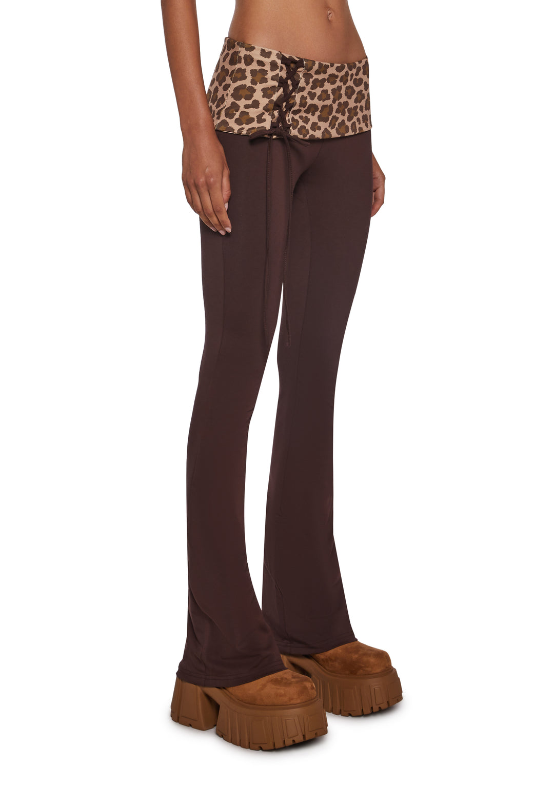 Stretchy Knit Leopard Print Lace-Up Foldover Waist Flare Pants Sugar Thrillz - Brown - Image 3