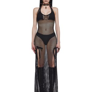 Womens Fishnet Plunge Maxi Dress Current Mood - Black