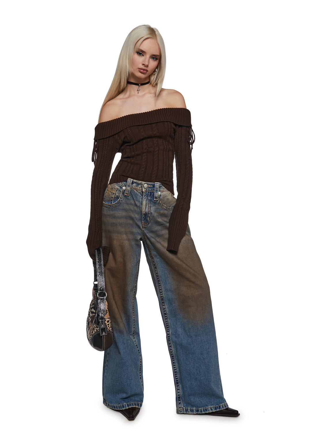 Delia's Academia Cable Knit Off-The-Shoulder Long Sleeve Top - Brown - Image 2