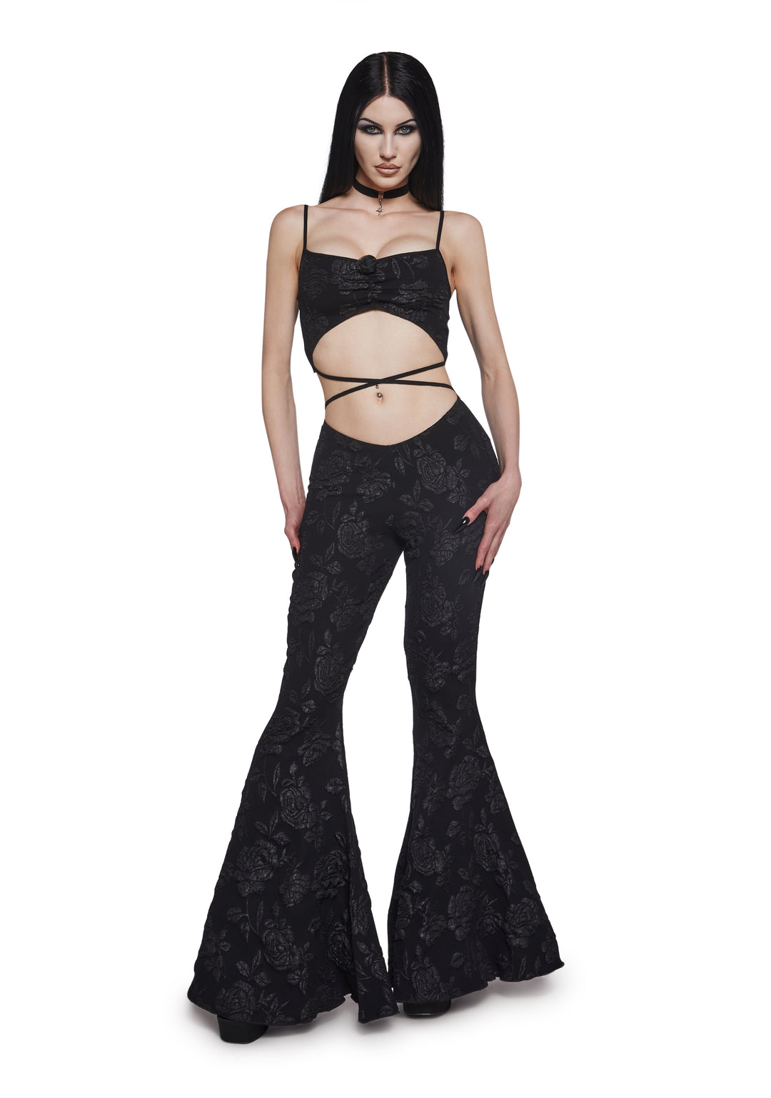 Womens Embossed Rose Cut Out Jumpsuit Widow - Black - Image 5