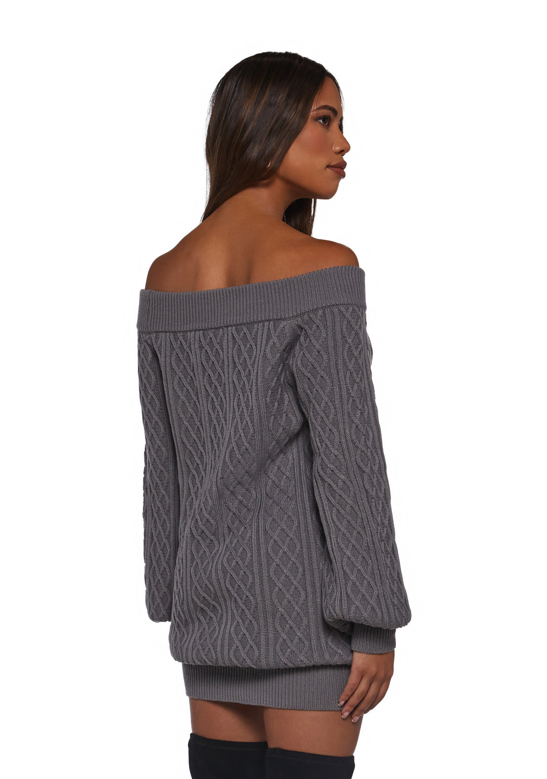 Womens Cable Knit Off The Shoulder Mini Bubble Dress Current Mood - Gray - Image 4