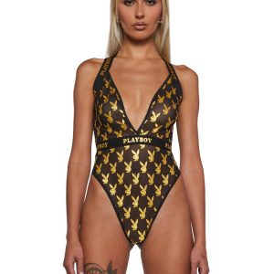 Womens Sexy Playboy Foiled Bunny Teddy - Black/Gold