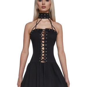 Lace Up Mini Dress With High Neck Generation Kiss - Black