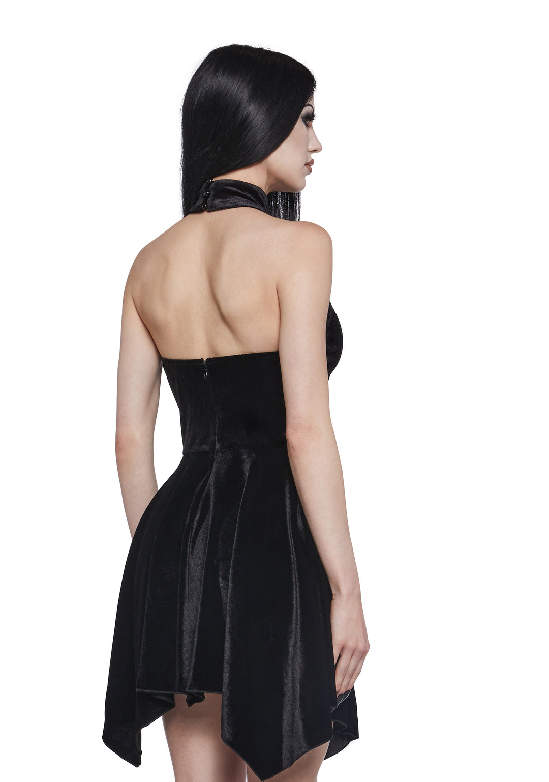 Stretchy Velvet Pentagram High Collar Mini Dress Widow - Black - Image 4