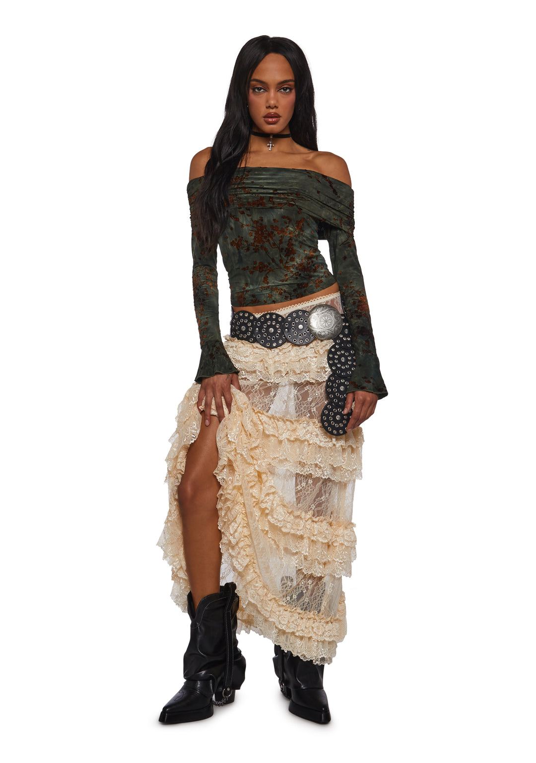 Womens Velvet Floral Filigree Off The Shoulder Top Current Mood - Green - Image 2