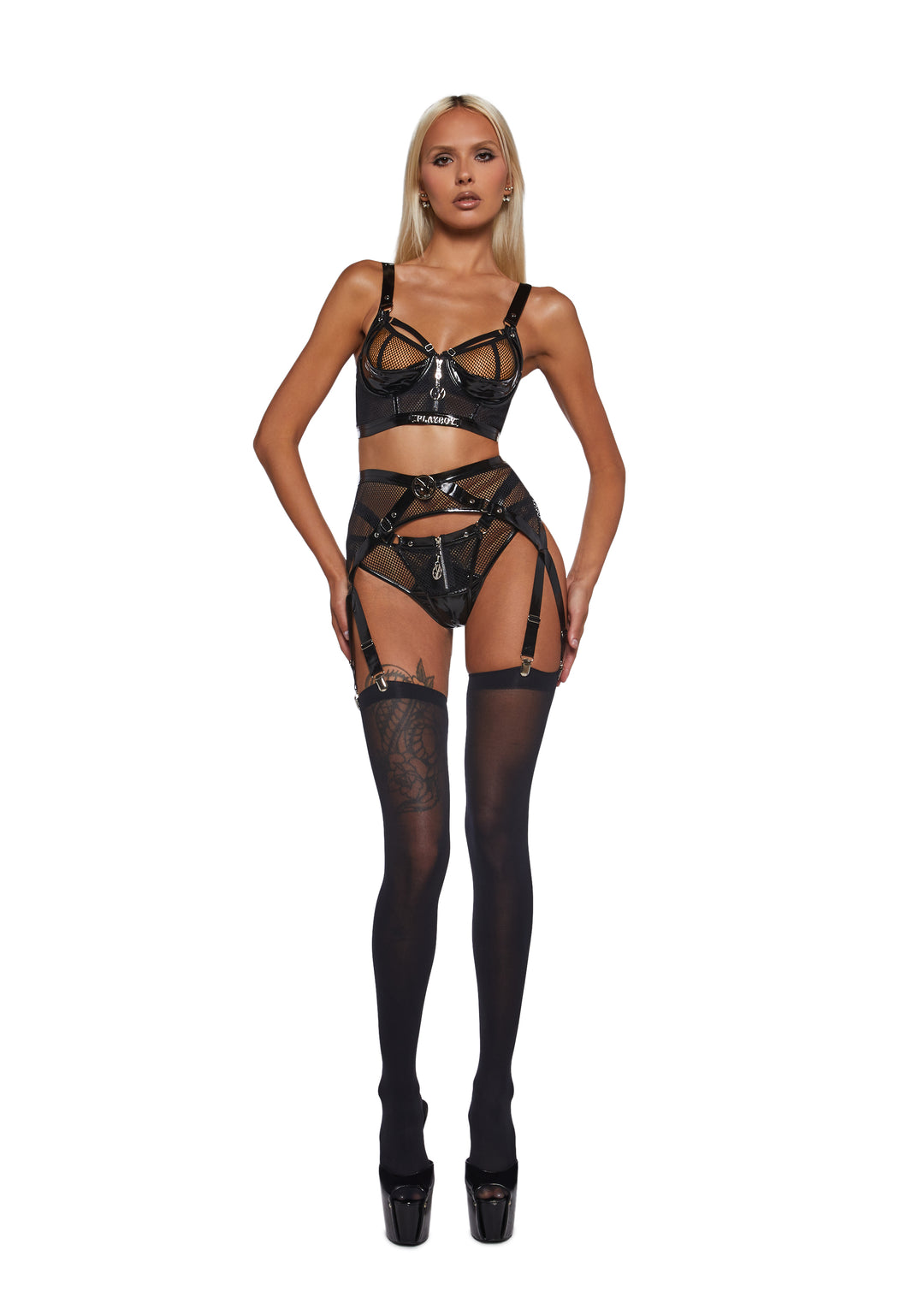 Womens Sexy Playboy Blackout Fetish 3-Piece Set - Black - Image 2
