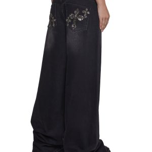 Womens Rhinestone Cross Baggy Jeans Current Mood - Black