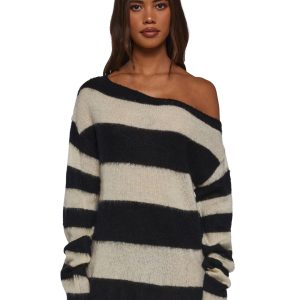 Womens Fuzzy Knit Striped Sweater Current Mood - Multi
