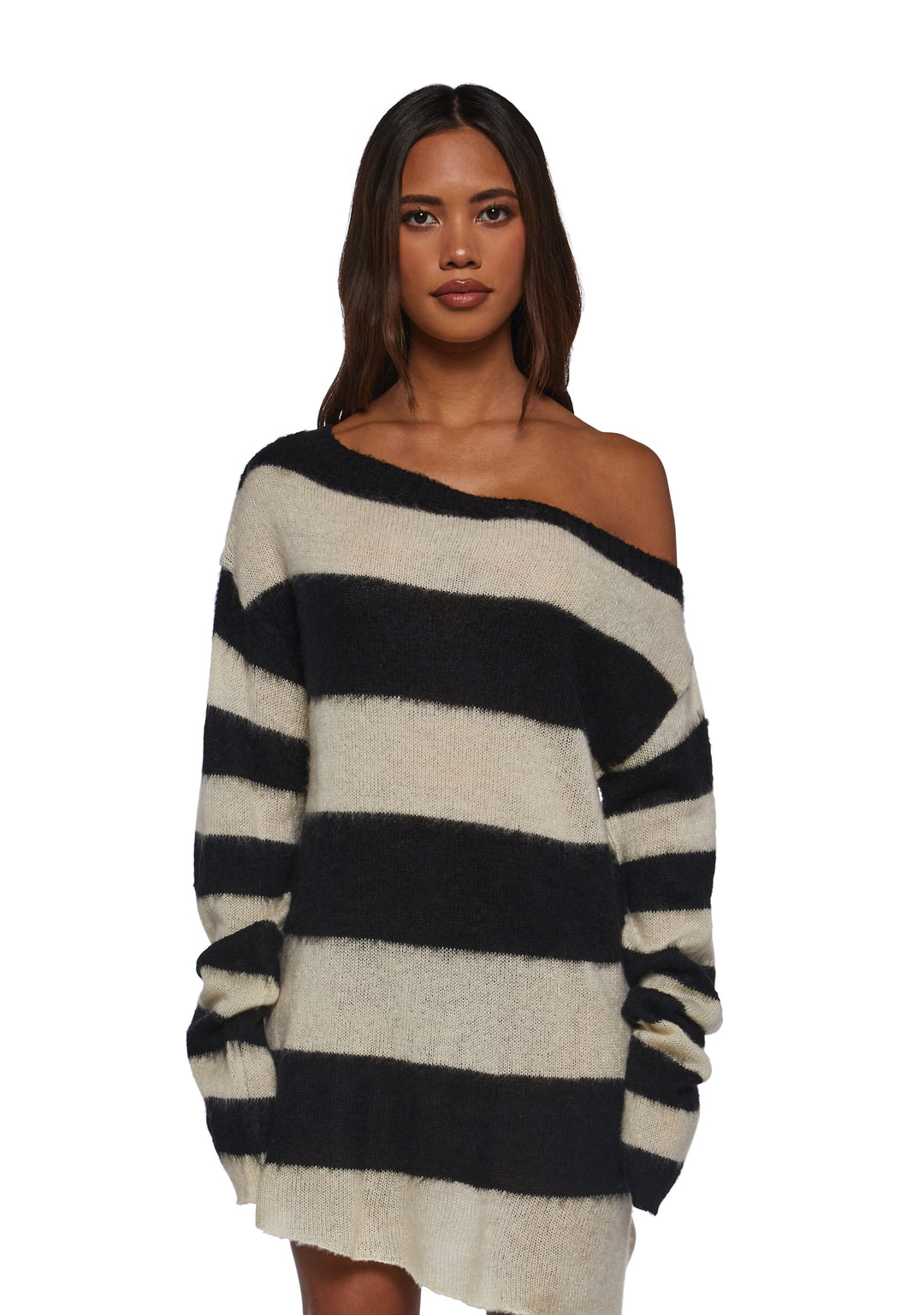 Womens Fuzzy Knit Striped Sweater Current Mood - Multi