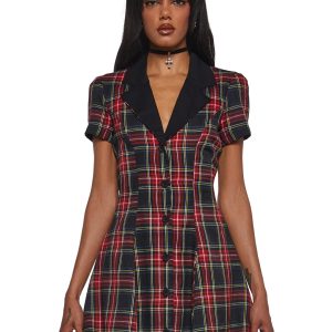 Current Mood Plaid Button Dress - Red Black