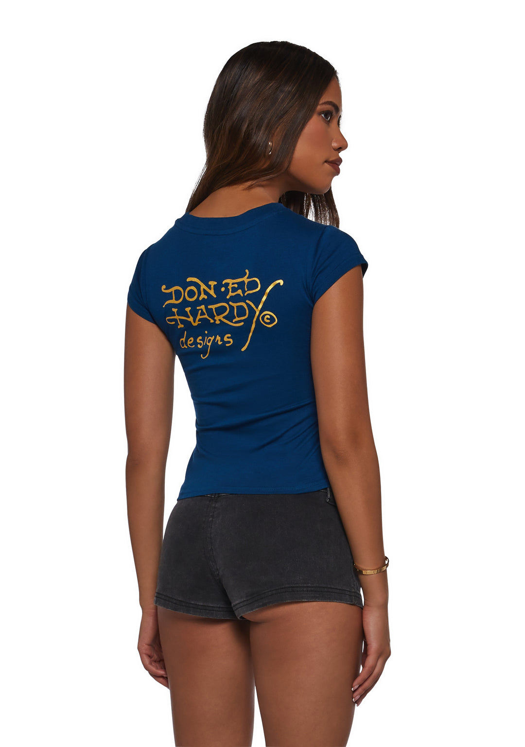 Ed Hardy LKS Skull Rhinestone Cap Sleeve Tee - Blue - Image 4