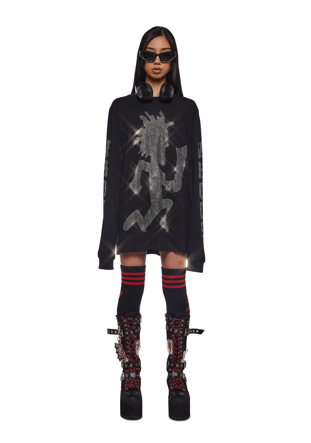 Dolls Kill x Insane Clown Posse Hatchet Man Long Sleeve Rhinestone Tee - Black - Image 2