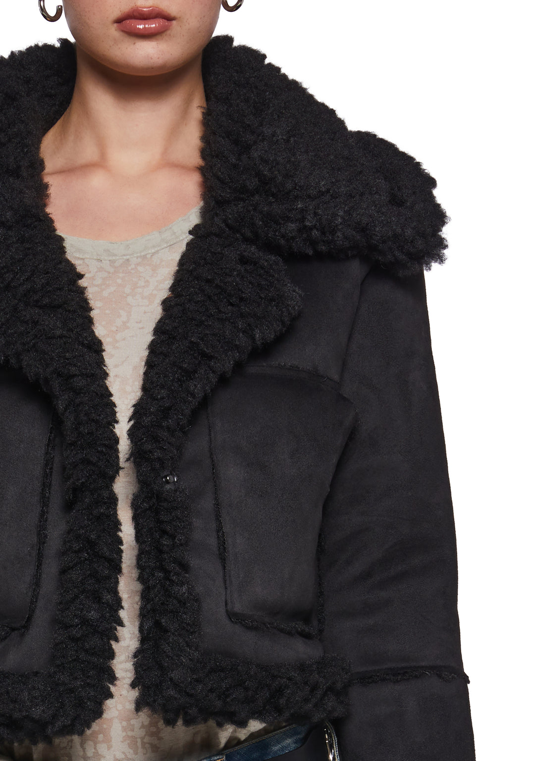 Faux Suede Sherpa Lined Cropped Coat Widow - Black - Image 5