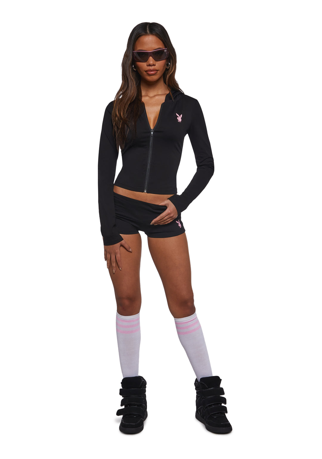 Dolls Kill x Playboy Zip Up Fitted Hoodie - Black - Image 2