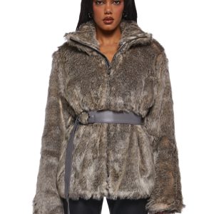 Womens Faux Fur Coat Winter Current Mood - Brown