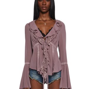 Womens Jersey Knit Bell Sleeve Blouse Current Mood - Brown