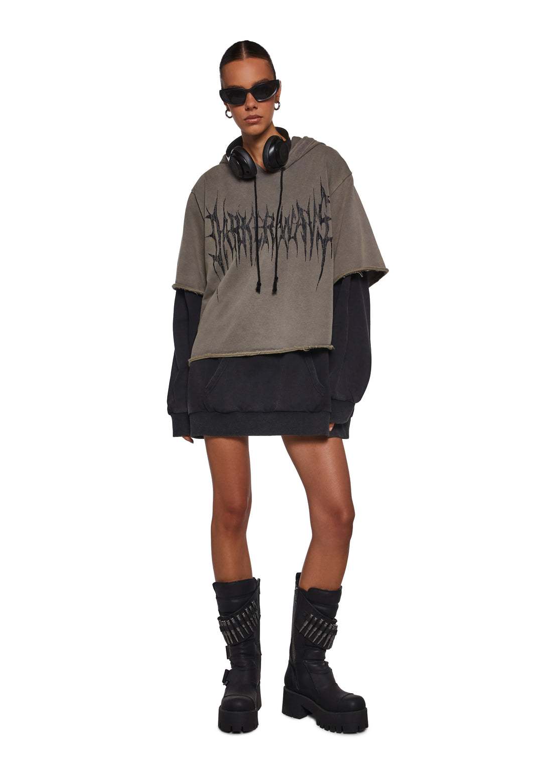 Washed Knit Layered Pullover Hoodie Darker Wavs - Gray - Image 2