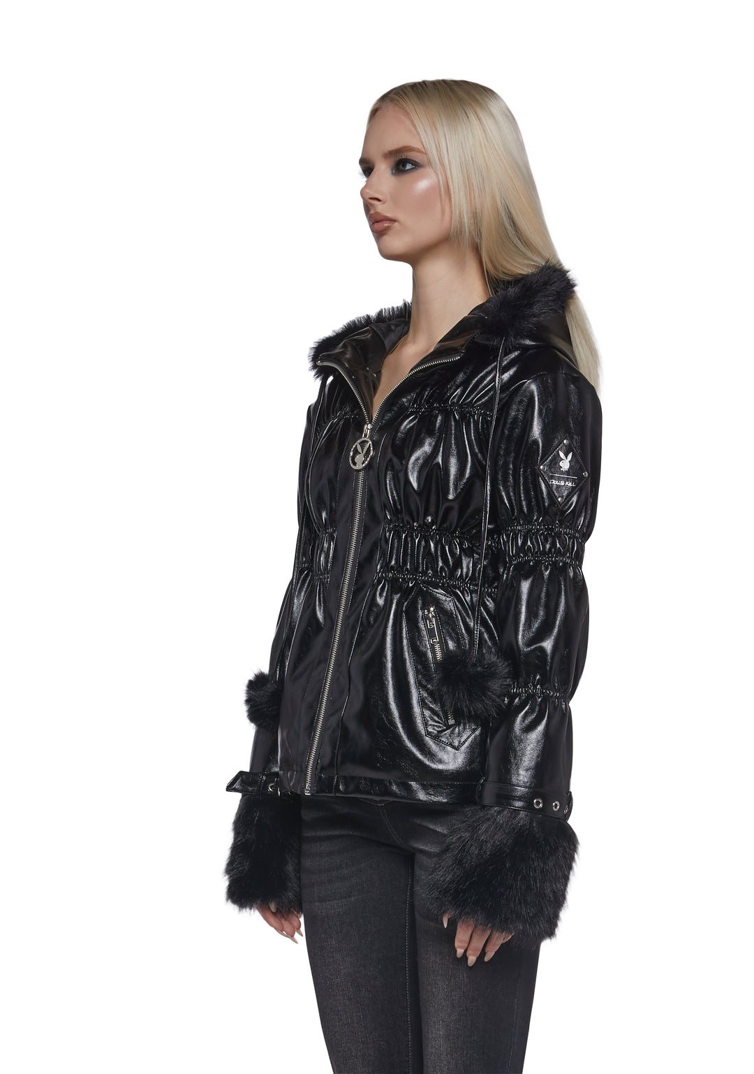 Playboy by Dolls Kill VInyl Puffer Jacket With Faux Fur Trim - Black - Image 6