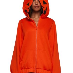 Womens Pumpkin Head Zip Up Hoodie Trickz N Treatz - Orange