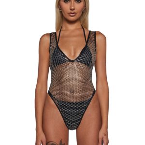 Womens Sexy Fishnet Rhinestone Teddy Roma - Black