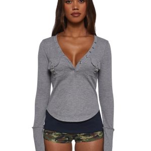 Womens Sexy Long Sleeve With Buckle Details - Gray