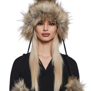 Faux Fur Knit Hat With Pom Poms - Black