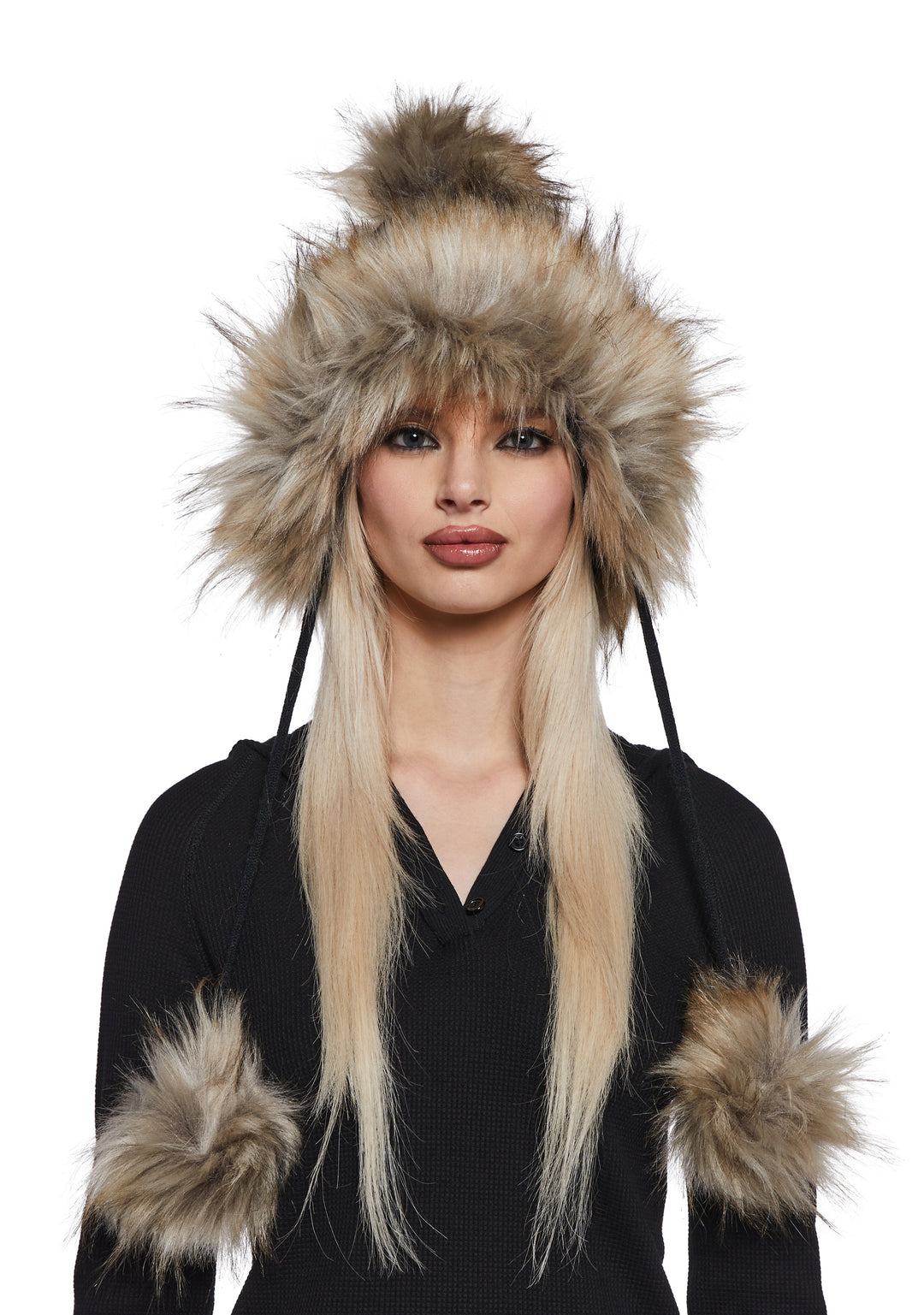 Faux Fur Knit Hat With Pom Poms - Black