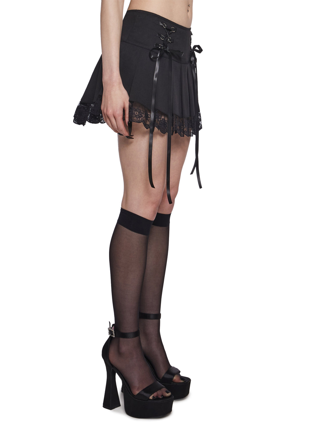 Widow Lace Trim Pleated Skirt - Black - Image 5