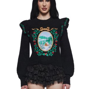 Sugar Thrillz Holiday Embroidered Knit Sweater - Black