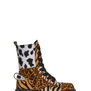 Patchwork Animal Print Combat Boots With Lace-Ups And Side Zip Current Mood - Multi