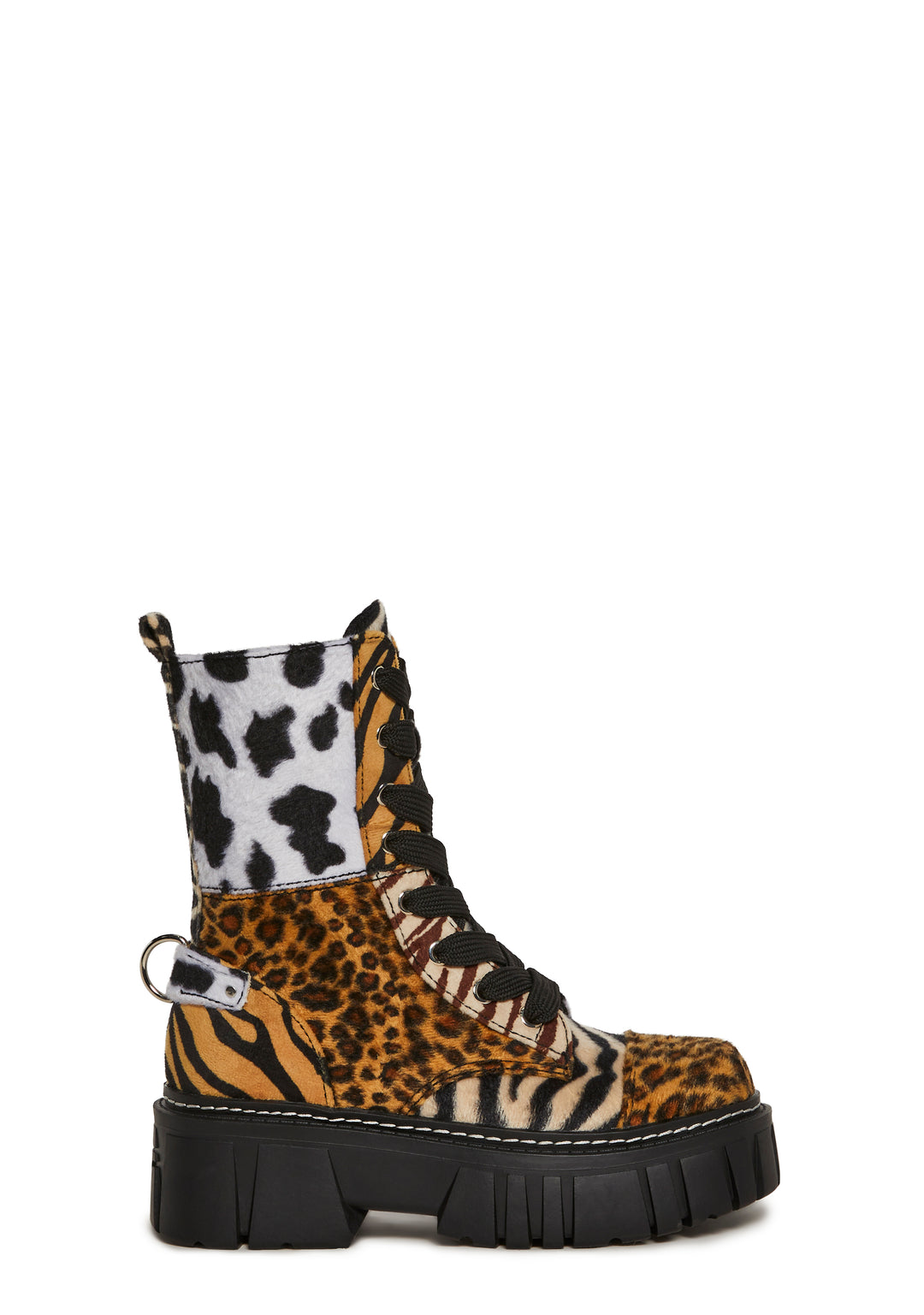 Patchwork Animal Print Combat Boots With Lace-Ups And Side Zip Current Mood - Multi