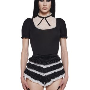 Womens Goth Lace Spandex Top Widow - Black
