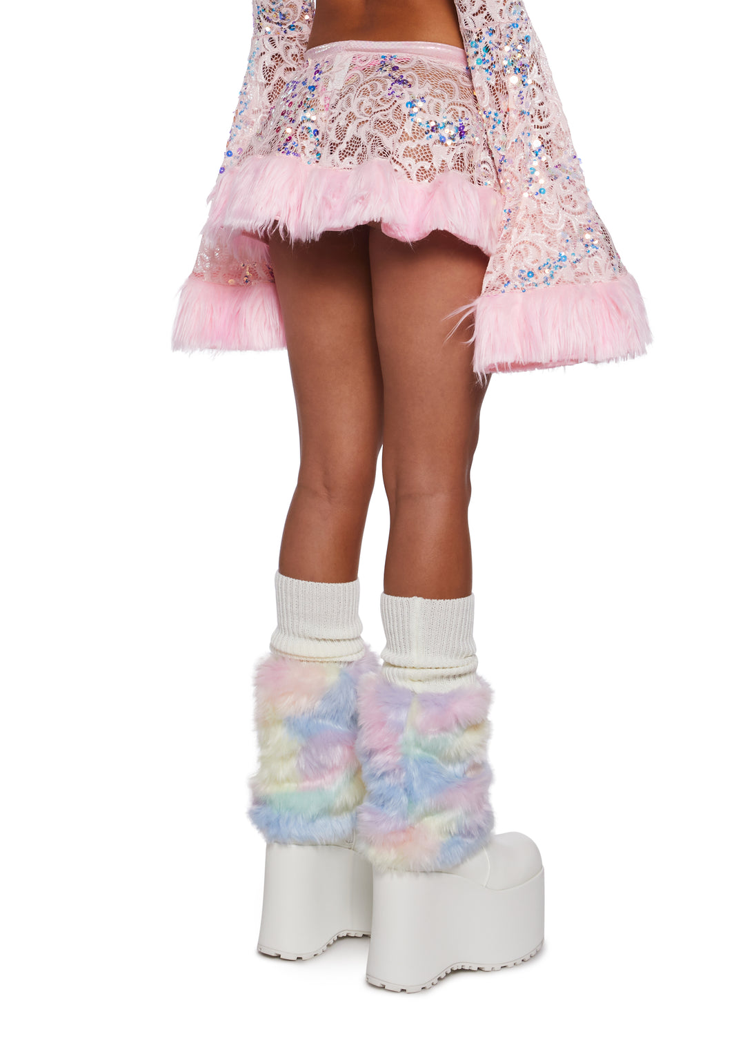 J Valentine Sequin Faux Fur Trimmed Skirt - Pink - Image 4