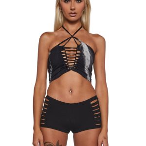 Womens Sexy Shredded Halter Tie Dye Top - Black